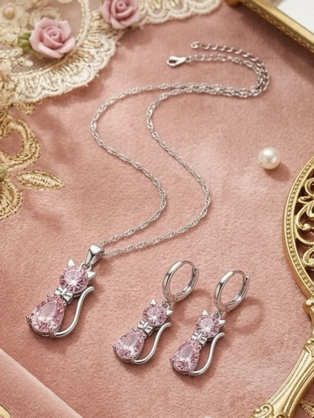 Sterling Silver Pink Bling Cat Jewelry Set Coquette Whimsygoth Cat Mom Glam Y2K